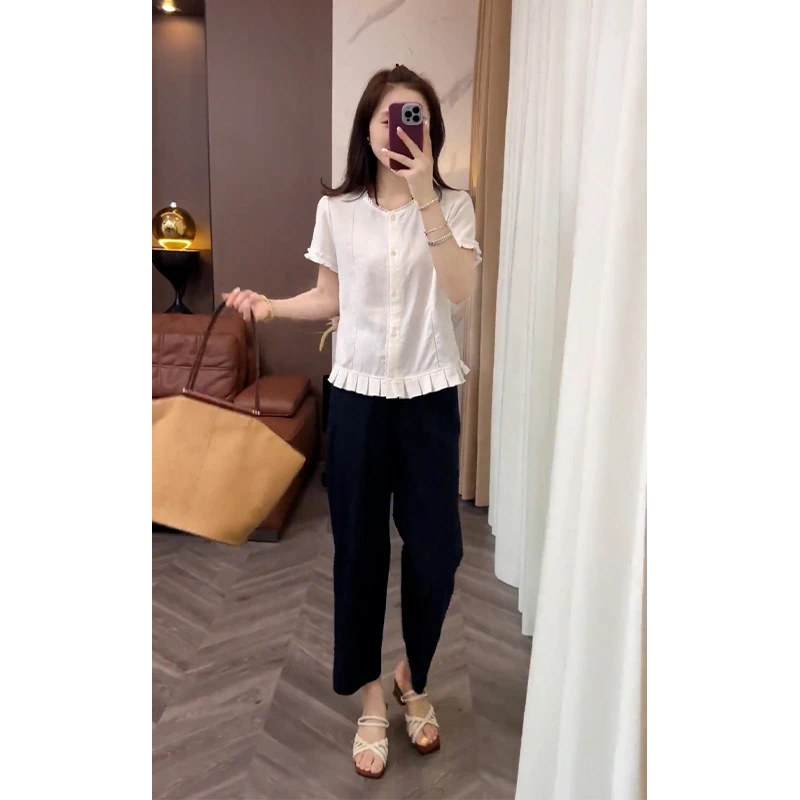 2025夏装搭配一整套时尚轻熟风气质花边短袖衬衫休闲九分裤两件套