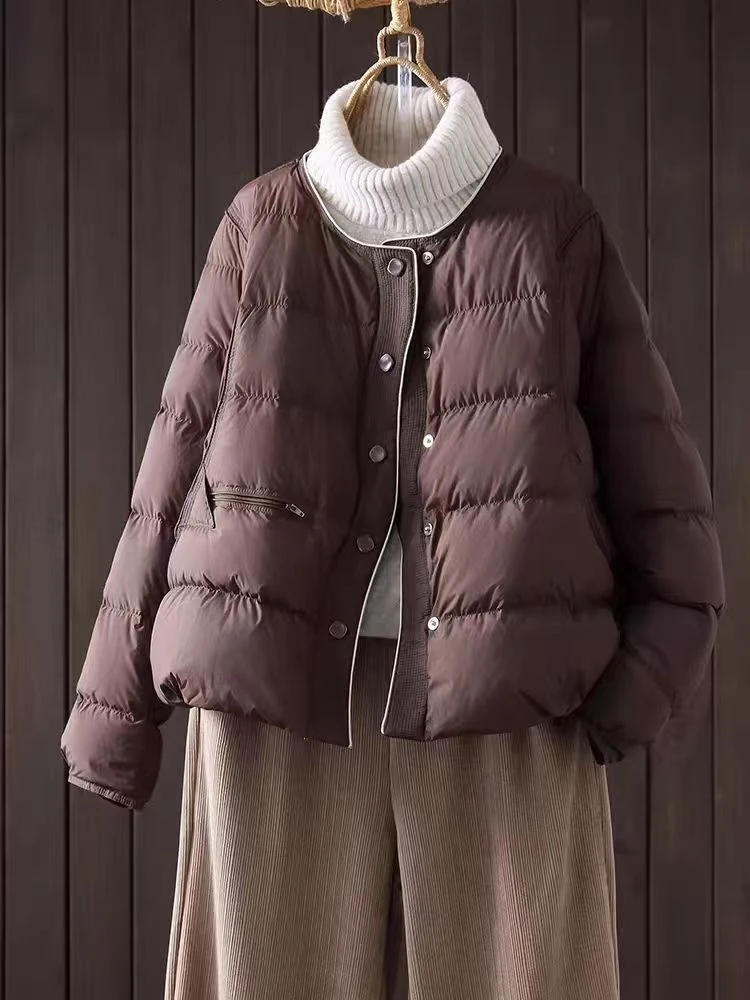 2025热卖新款鹅绒羽绒服圆领内搭外穿短羽绒服拼接纯色