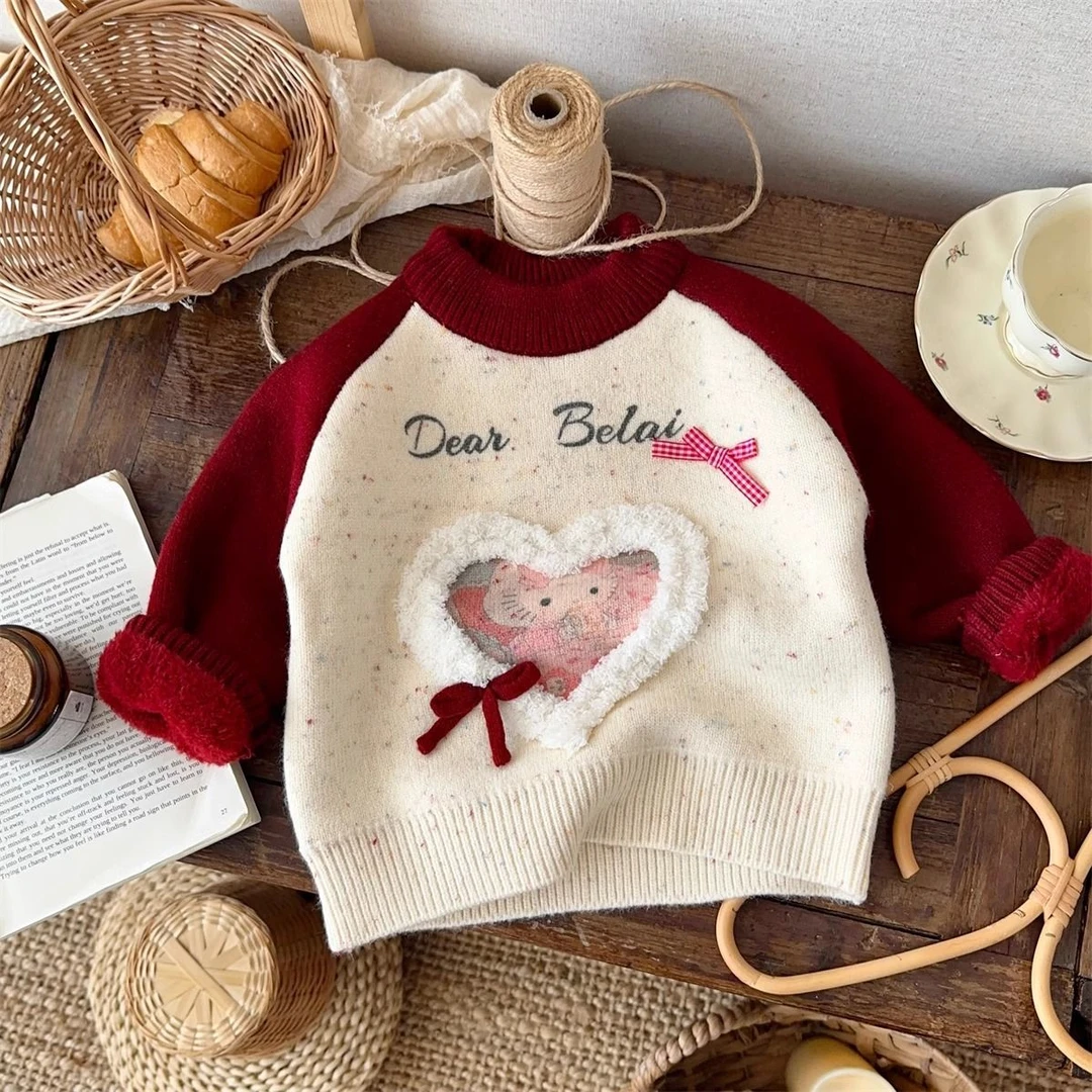 加厚一体绒毛衣新款秋冬套头洋气针织衫儿童打底女孩毛衣加绒加厚