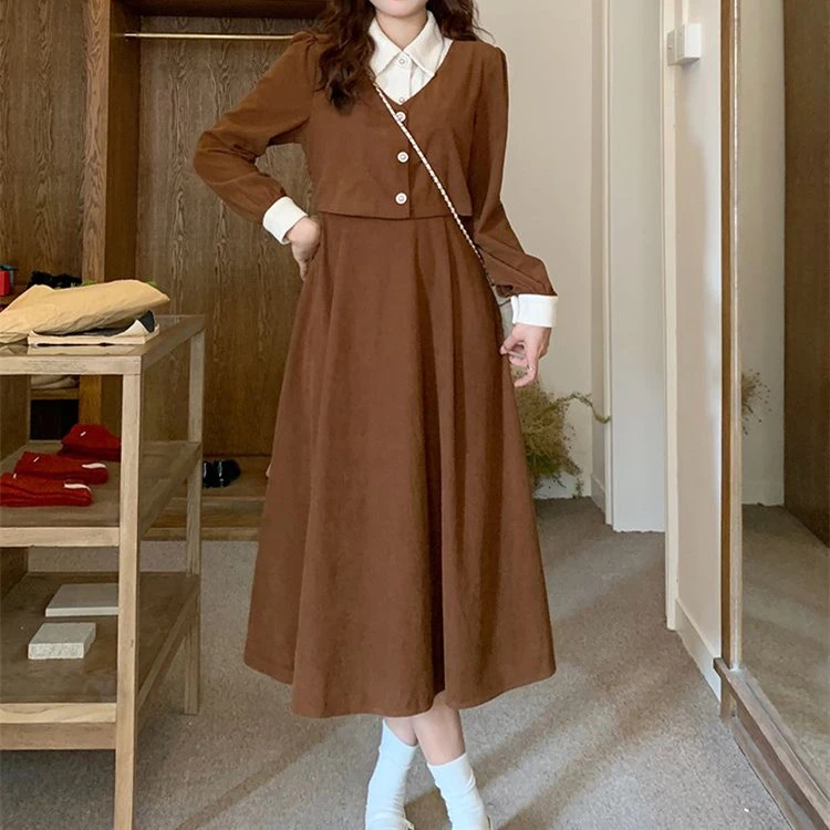 春秋季假两件polo领时尚气质修身收腰显瘦赫本风长袖中长款连衣裙