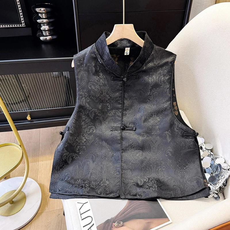 新中式提花马甲女背心春秋夏新款国风盘扣立领唐装外搭马夹小坎肩