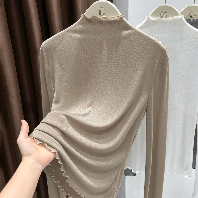 咖色半高领软糯内搭打底衫女秋冬新款气质高档薄款长袖显瘦T恤
