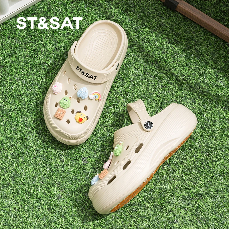 星期六厚底洞洞鞋女款2025夏季新款爆款一脚蹬凉鞋外穿防滑沙滩鞋