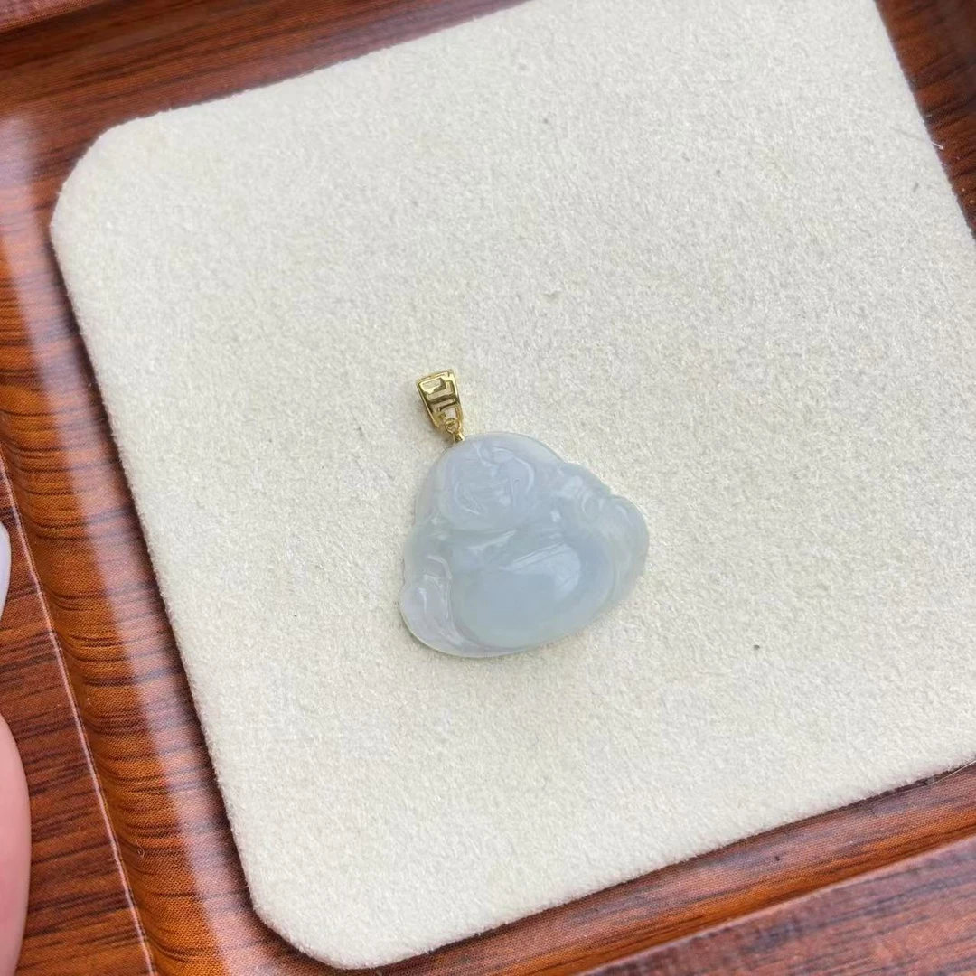 天然缅甸A货翡翠18k金镶嵌迷你冰佛公