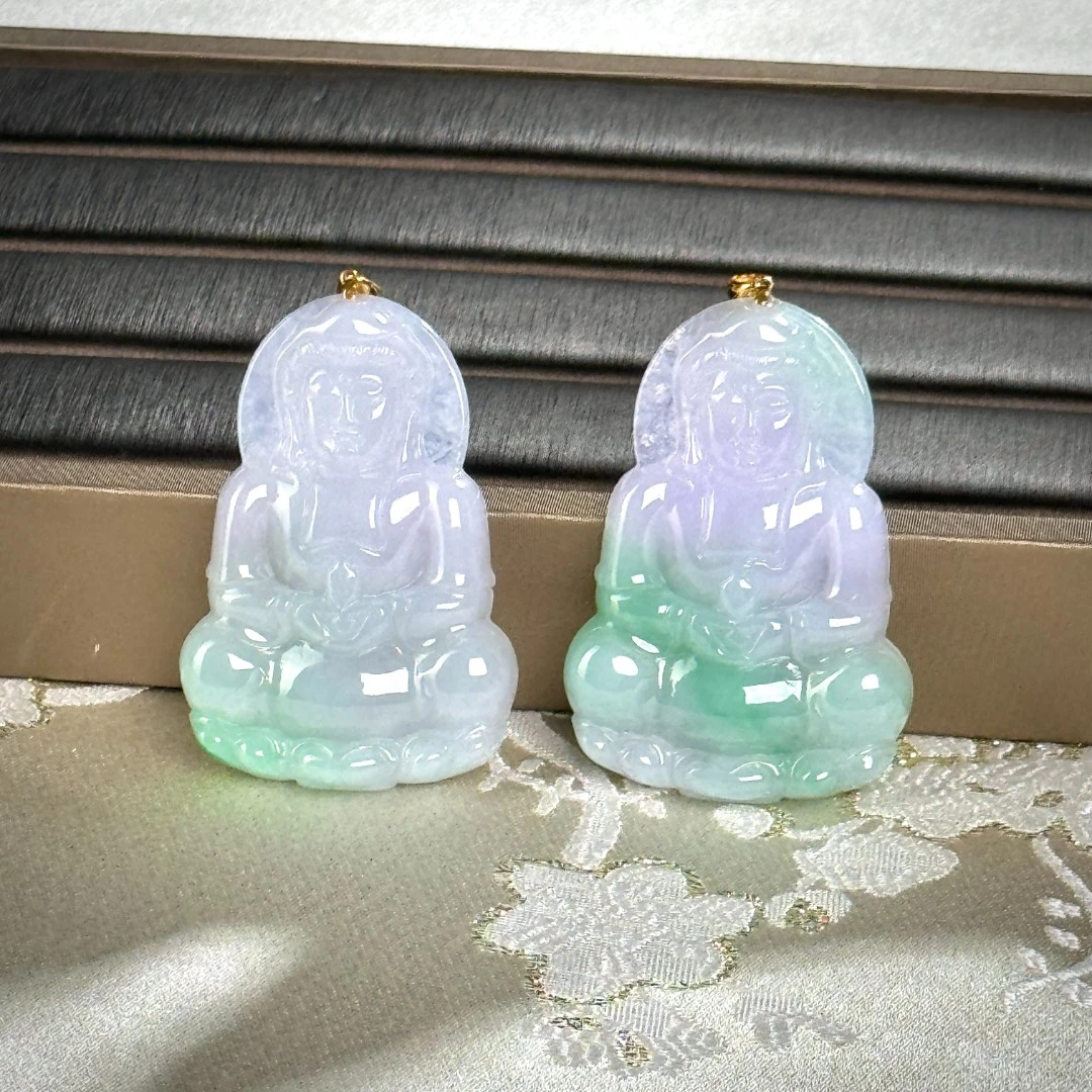 天然A货翡翠18k金镶嵌观音吊坠多样性发一