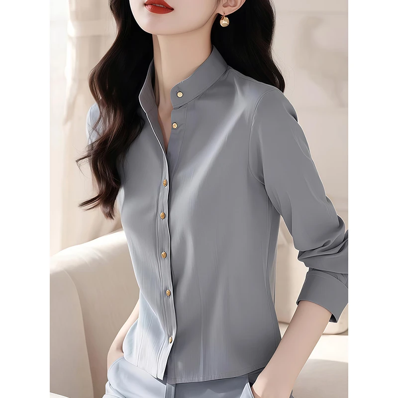 灰色立领衬衫女2025春季新款时尚宽松通勤打底衬衣气质优雅上衣服