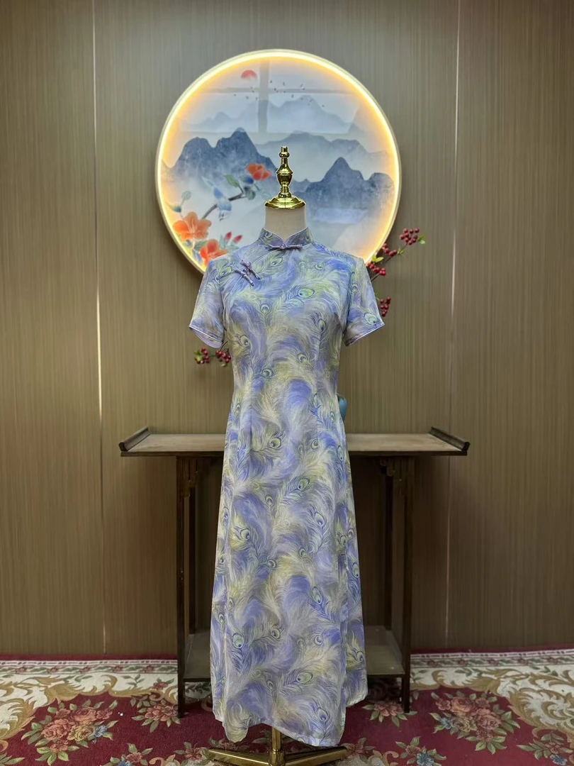 雀翎 日常气质文艺国风复古优雅奥黛改良长款旗袍