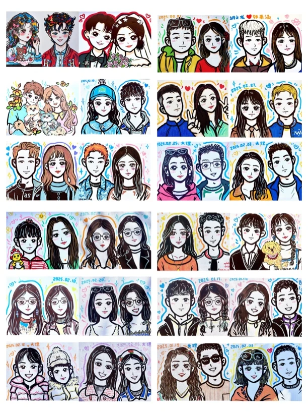 彩色双人手绘头像定制Q版卡通漫画风真人照片彩绘