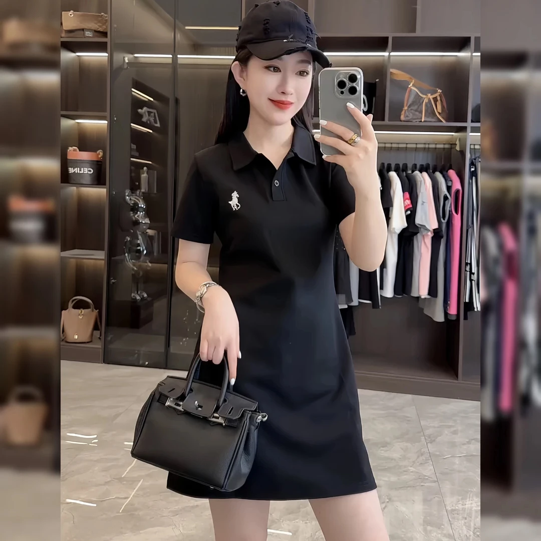 夏季连衣裙Polo领短袖T恤裙减龄刺绣A字连衣裙气质百搭运动裙长款