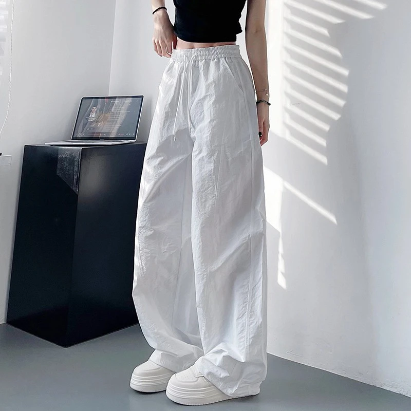 阔腿裤褶皱白色松紧夏季工装裤百搭休闲裤宽松薄款垂感速干休闲裤