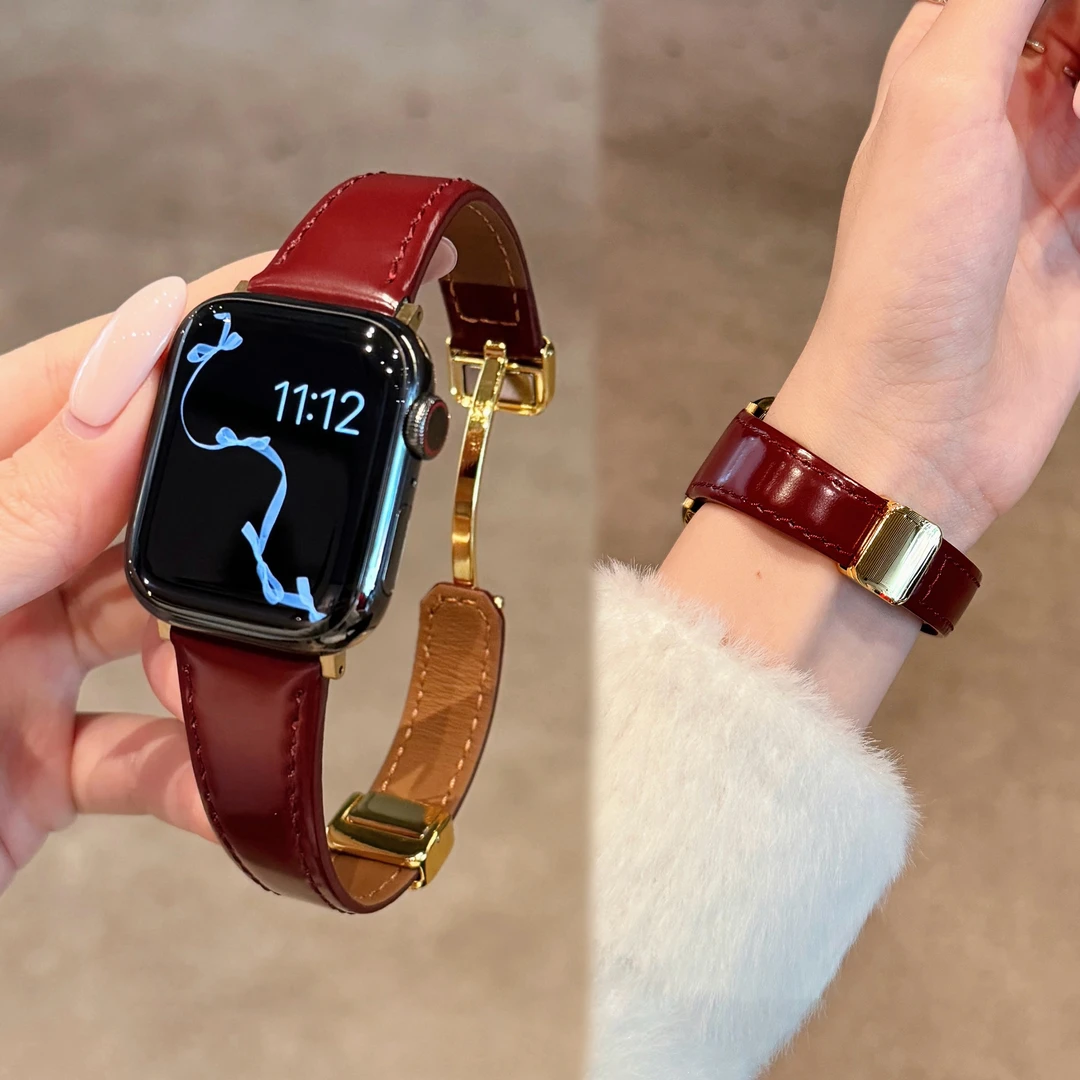 真皮小蛮腰磁吸扣苹果手表表带适用于apple watch11iwatch10S9SE3