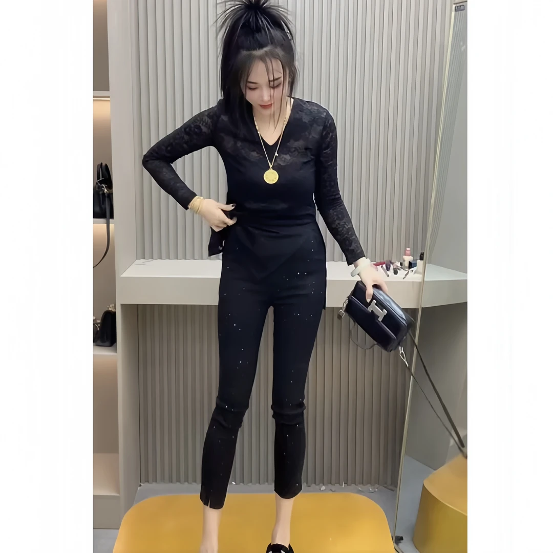 夏季新款中高腰满天星烫钻开叉九分裤2025欧货英伦风显瘦小黑裤潮