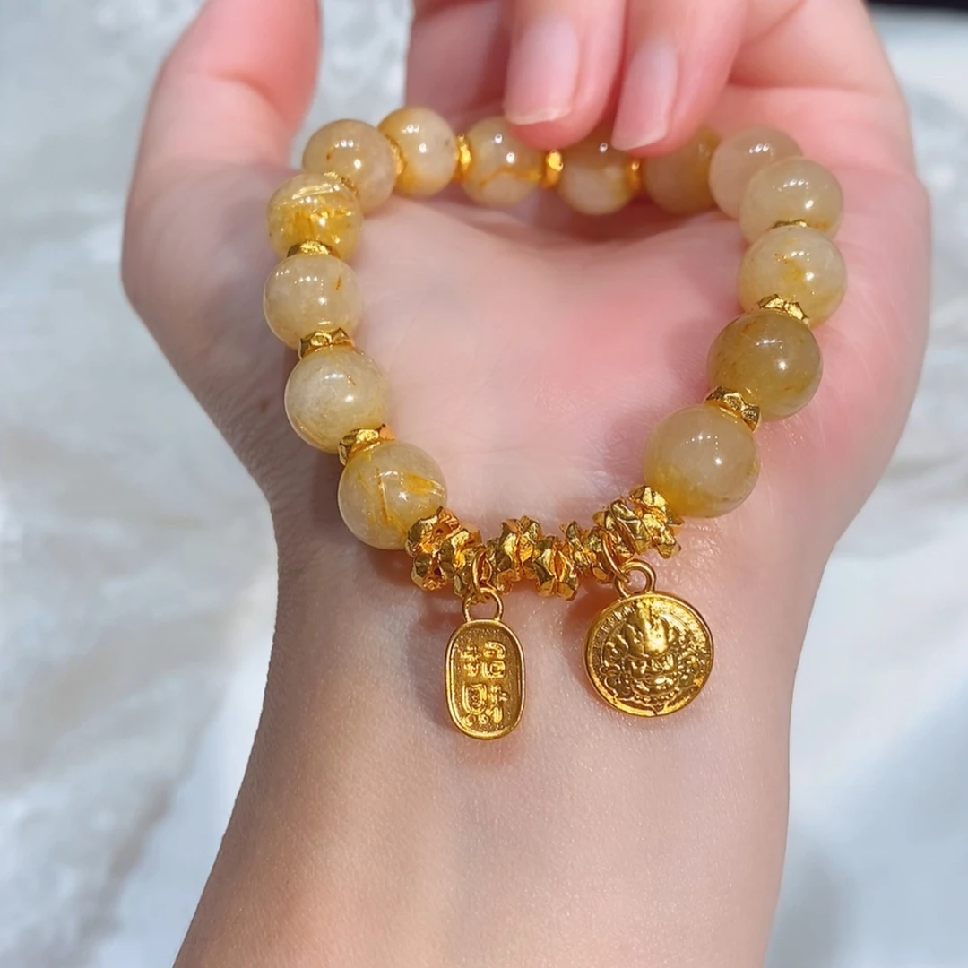 足金黄财神盘缠水晶手配件 多样性发货