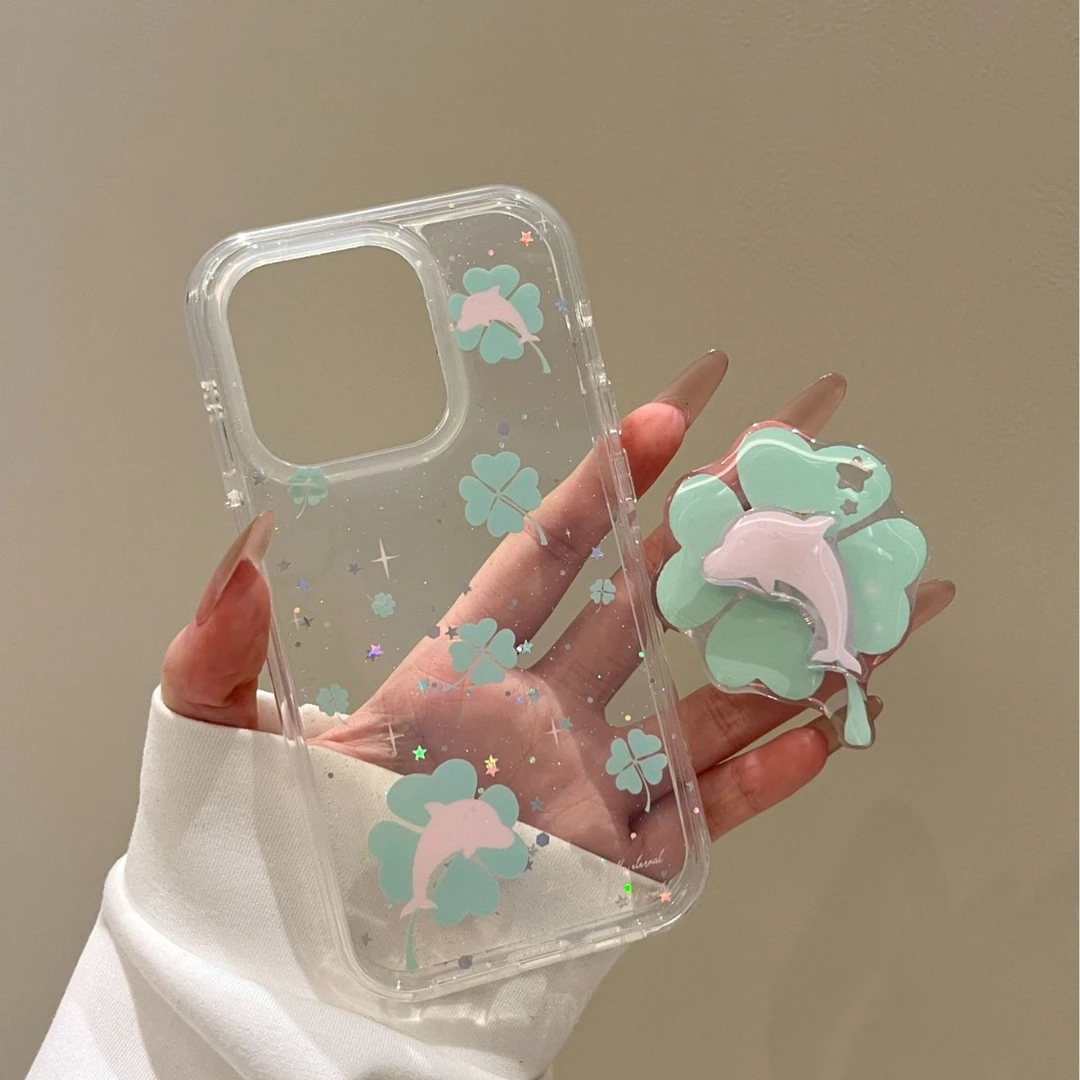 ins风韩系四叶草海豚链条适用苹果16promax手机壳iphone13新款15