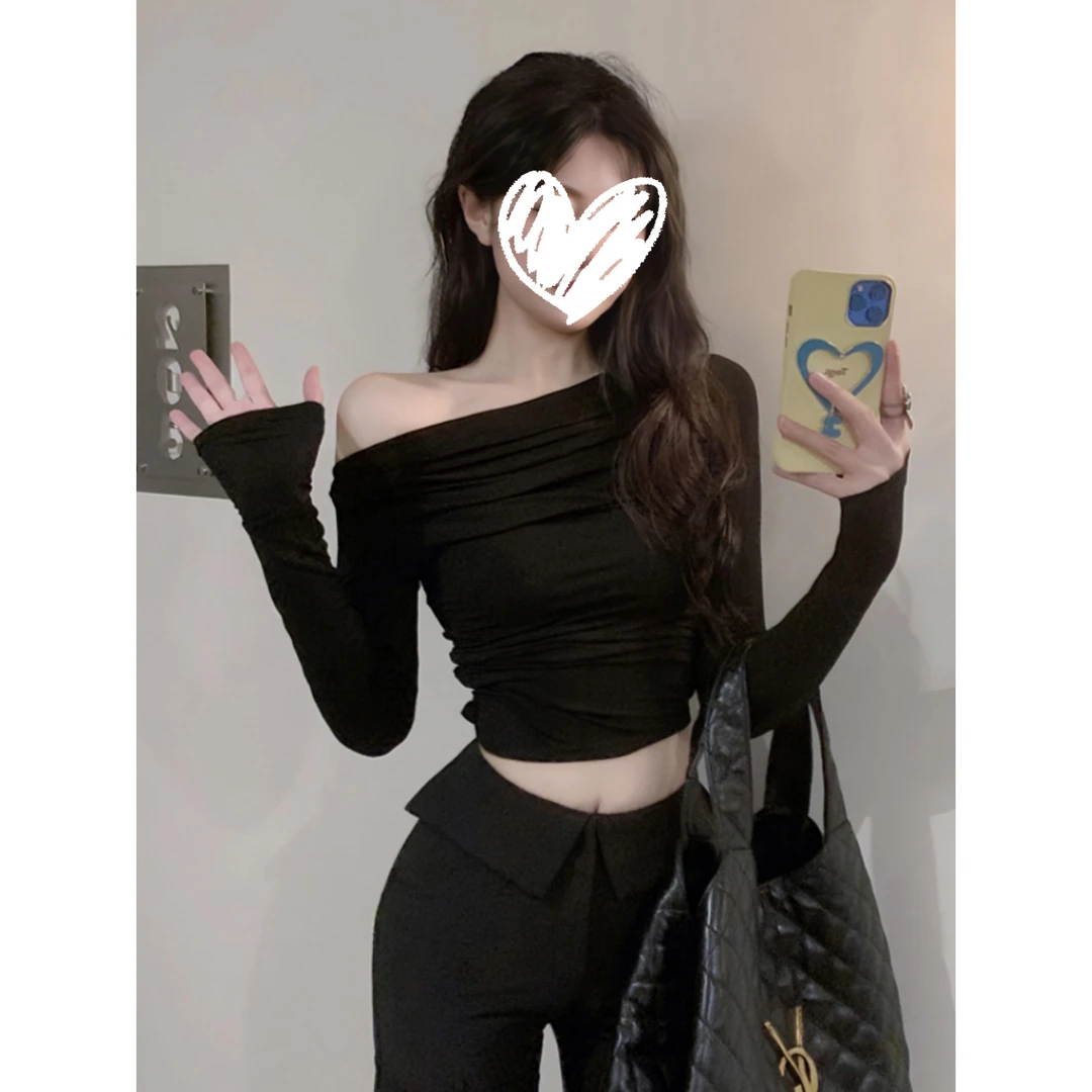 斜肩不规则长袖上衣T恤女早秋新款高级感修身小众气质纯欲打底衫