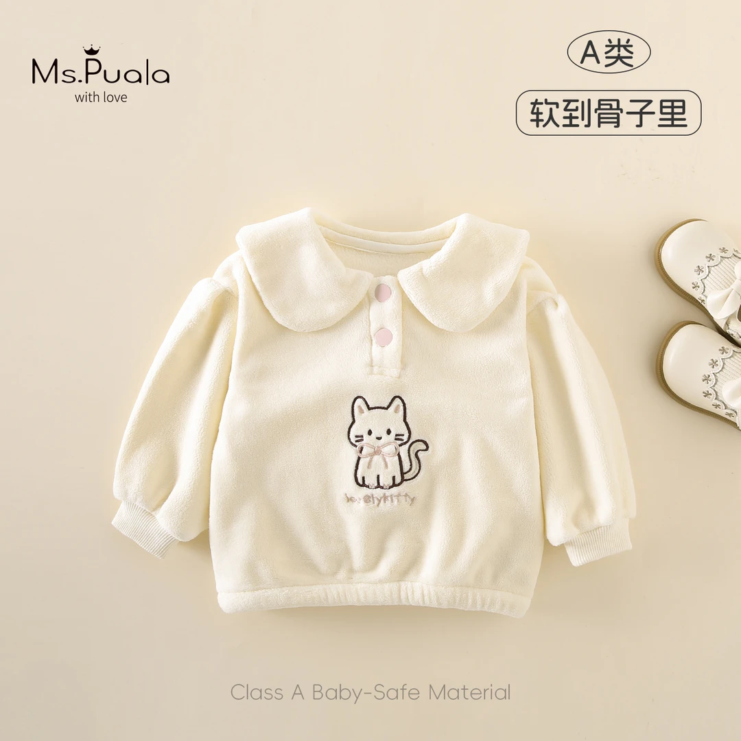 【MsPuala波尔】童装婴幼儿女宝宝秋冬款可爱猫咪加绒翻领套头卫衣