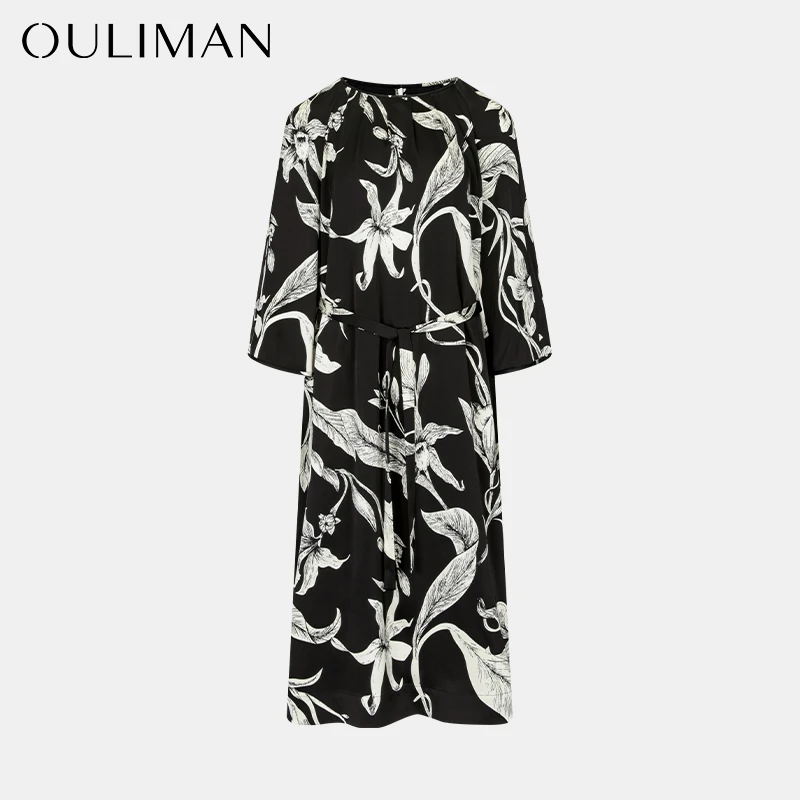 【欧黎蔓X俏姐姐-松烟墨韵】 典雅气质黑底印花圆领连衣裙QZ6123A20