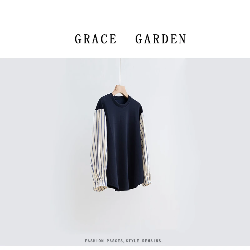GRACE GARDEN【条纹袖！】假两件条纹拼接袖卫衣NT5B2005