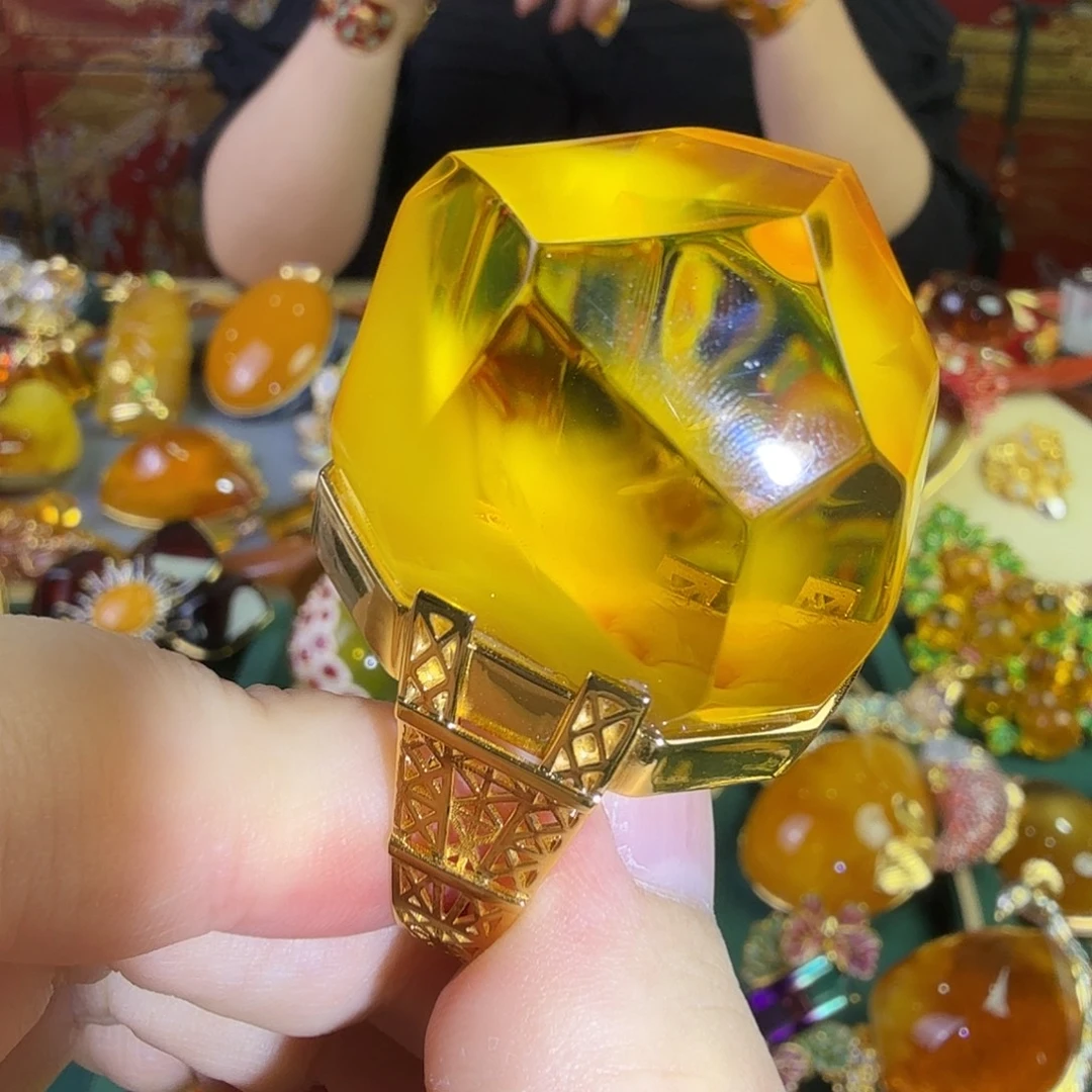 蜜蜡银S925镀金镶嵌戒指