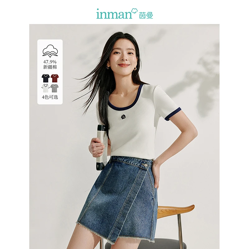 【双11提前购】茵曼夏季时尚撞色U领刺绣T恤休闲通勤正肩短袖上衣