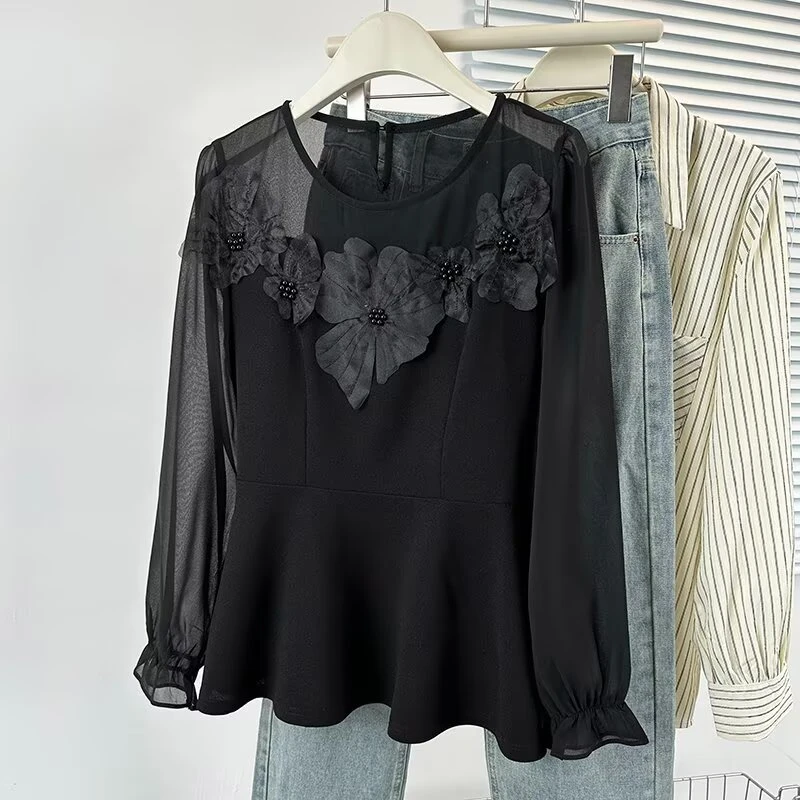 HUIZHIMEI/绘智美大码早春新款洋气显瘦雪纺立体花朵长袖衬衫女