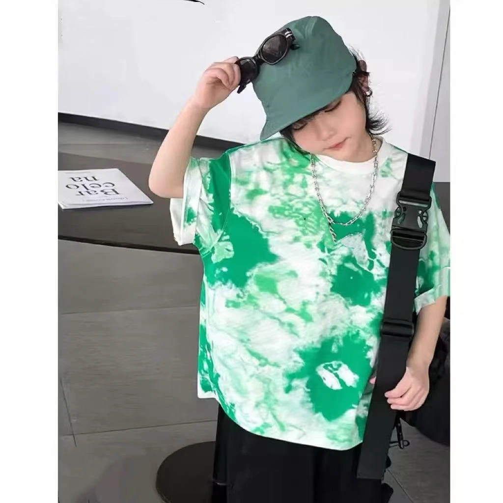 504043 优选韩版夏季儿童休闲舒适时尚百搭日常可爱卡通扎染短袖