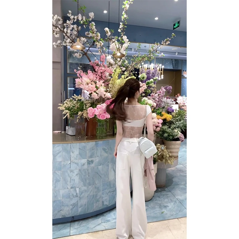 辣妹蕾丝镂空性感纯欲风时尚气质设计上衣百搭显瘦直筒阔腿裤长裤