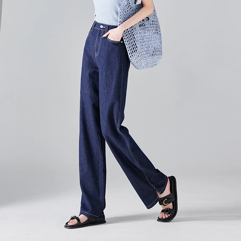 索菲丝尔夏季开叉直筒拖地牛仔裤时尚百搭高腰显瘦垂感女裤522008