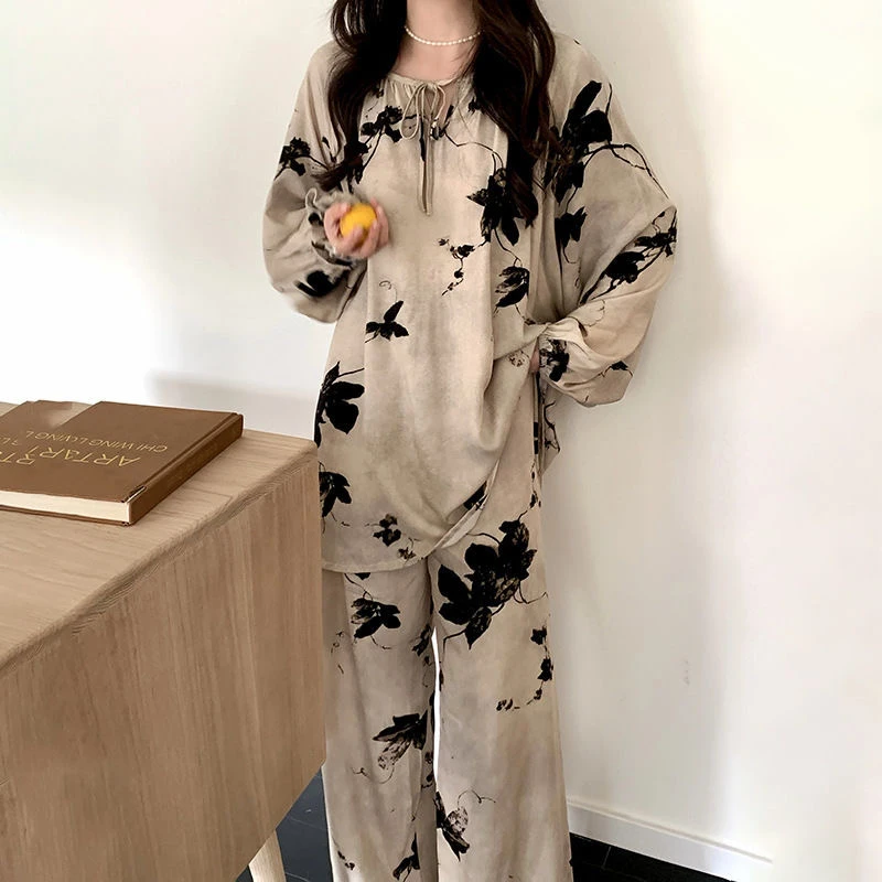 100棉绸夏季棉绸睡衣套装长袖长裤薄款防蚊防晒显瘦家居服