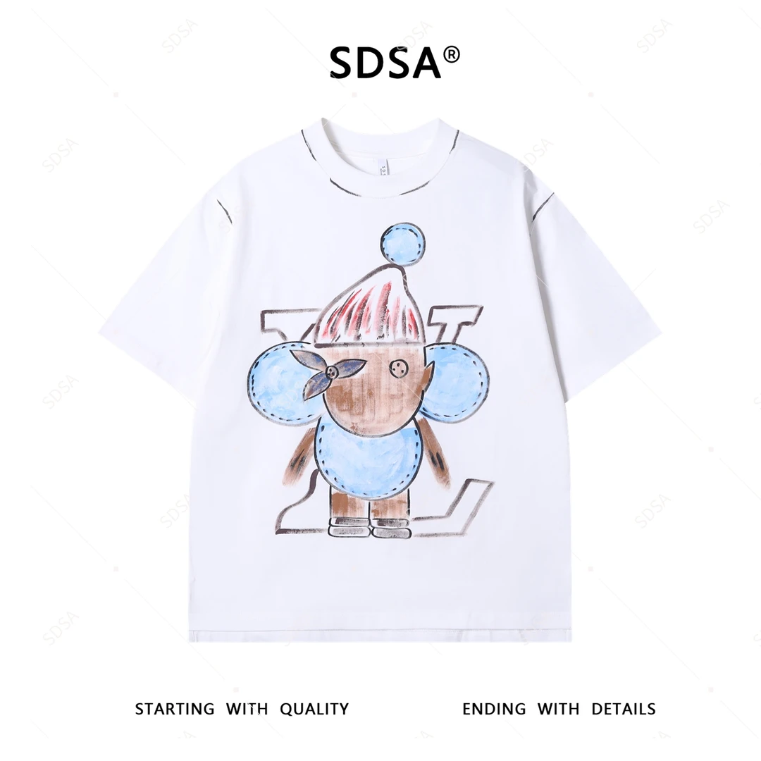 SDSA夏季新款男士痞帅设计师抽象印花图案圆领短袖T恤宽松上衣