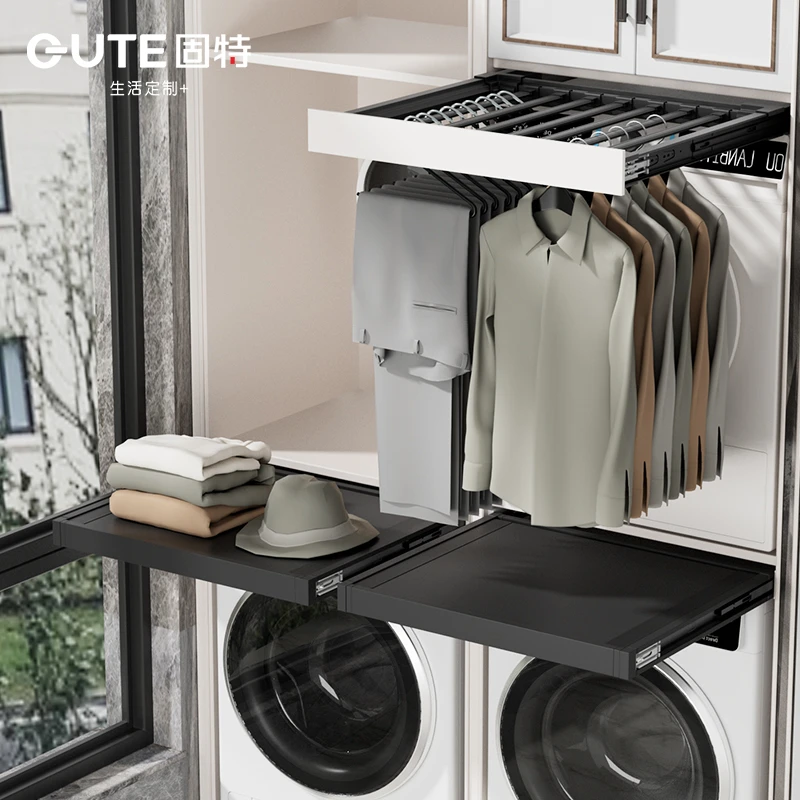 固特洗衣机按弹抽拉晒衣架反弹叠衣板中间置物架隐形晾衣收纳支架