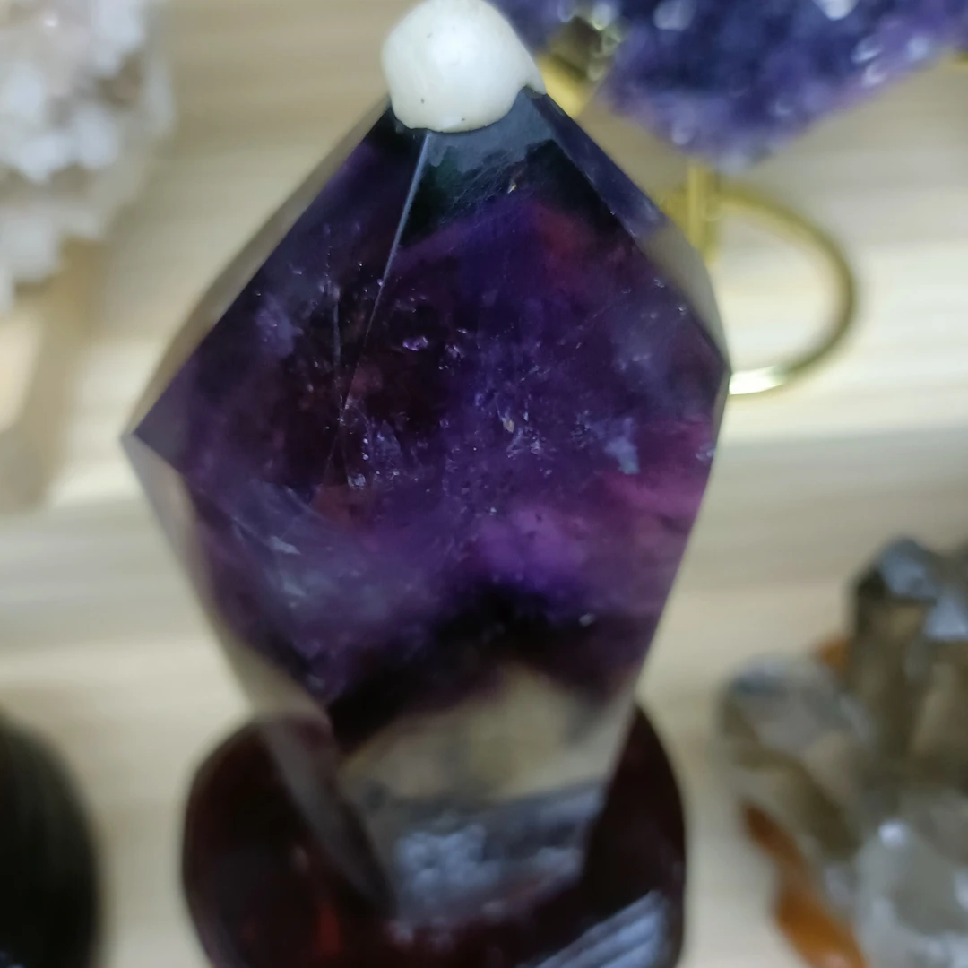 天然黄粉紫白水晶柱原石摆件用于家居客厅五行装饰