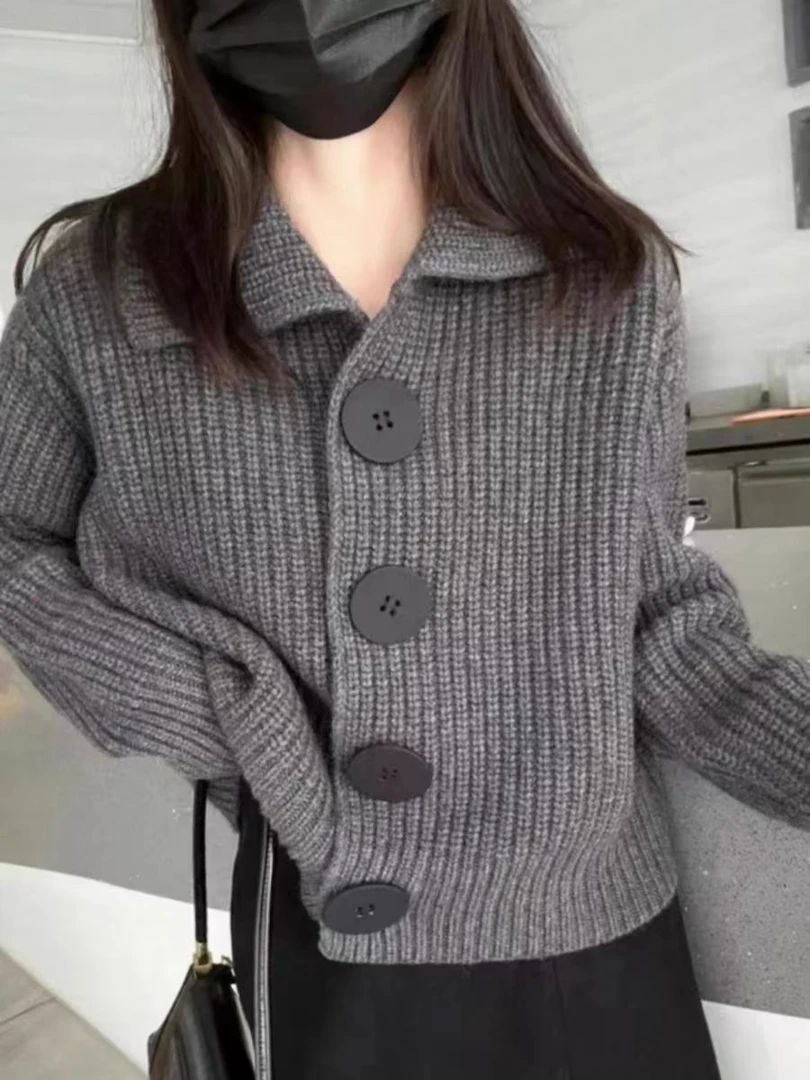 A111毛针织衫宽松翻领长袖小香风针织衫洋气气质毛衣开衫显瘦