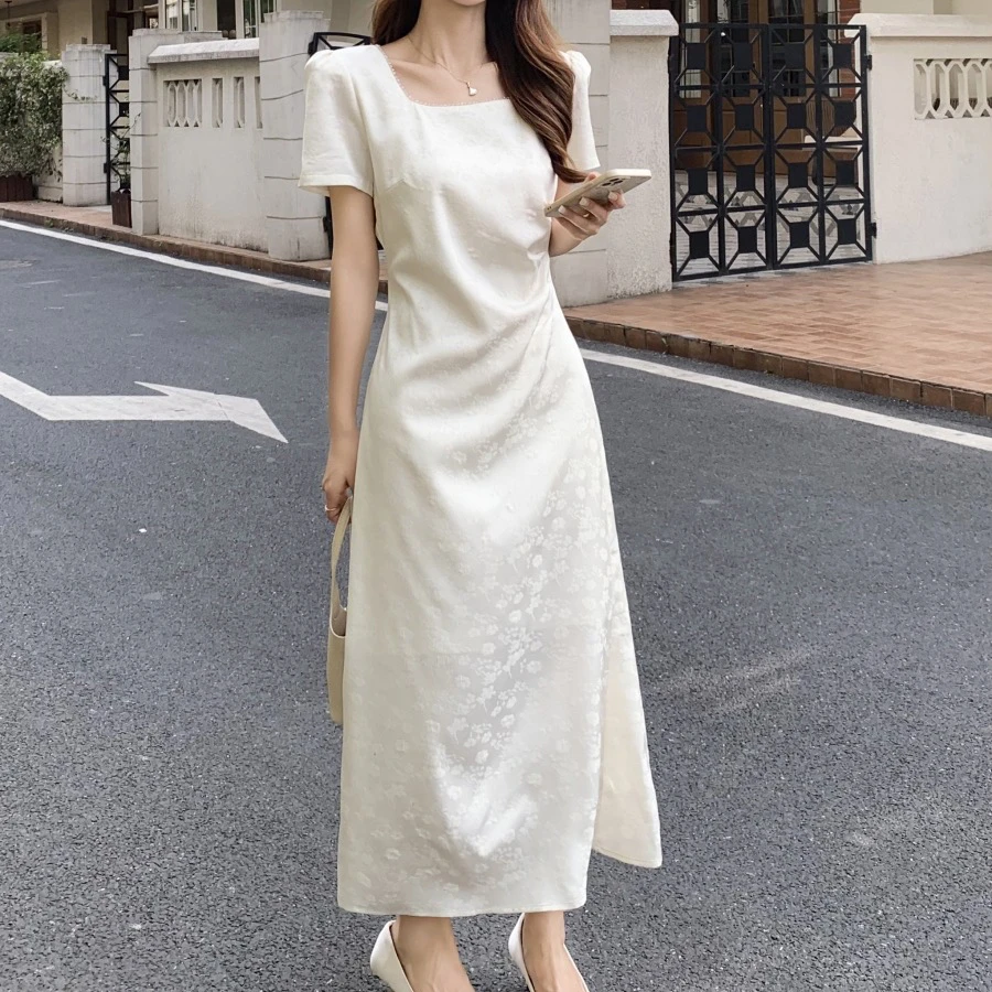 无印心匠B29272 新款复古掐腰方领黑色提花夏季连衣裙女 K888