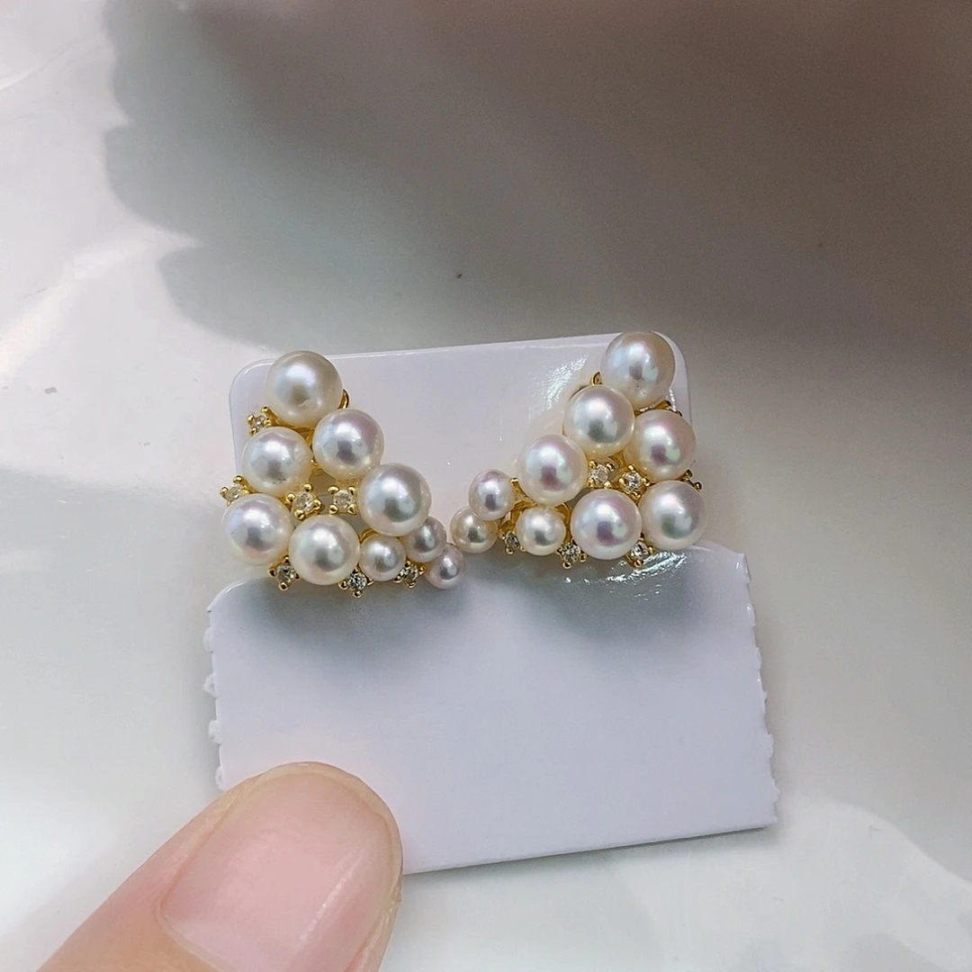 银S925镶嵌特价极光手工多珠耳饰淡水珍珠