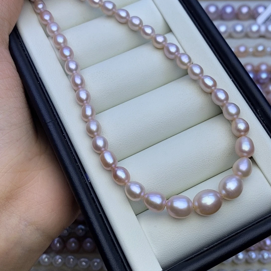 淡水珍珠银S925镶嵌项链无核 樱花粉 塔链4-9mm