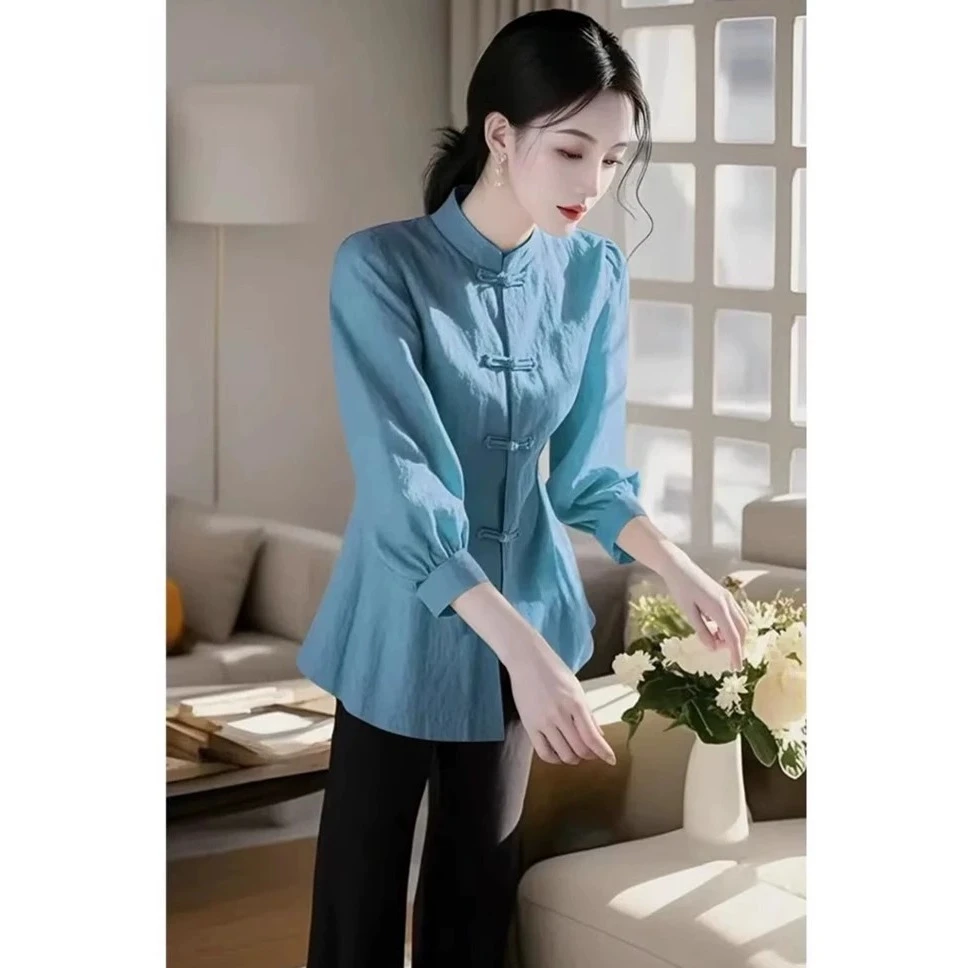新中式国风蓝色衬衫女春季大码胖mm收腰气质高级漂亮好看小衫上衣