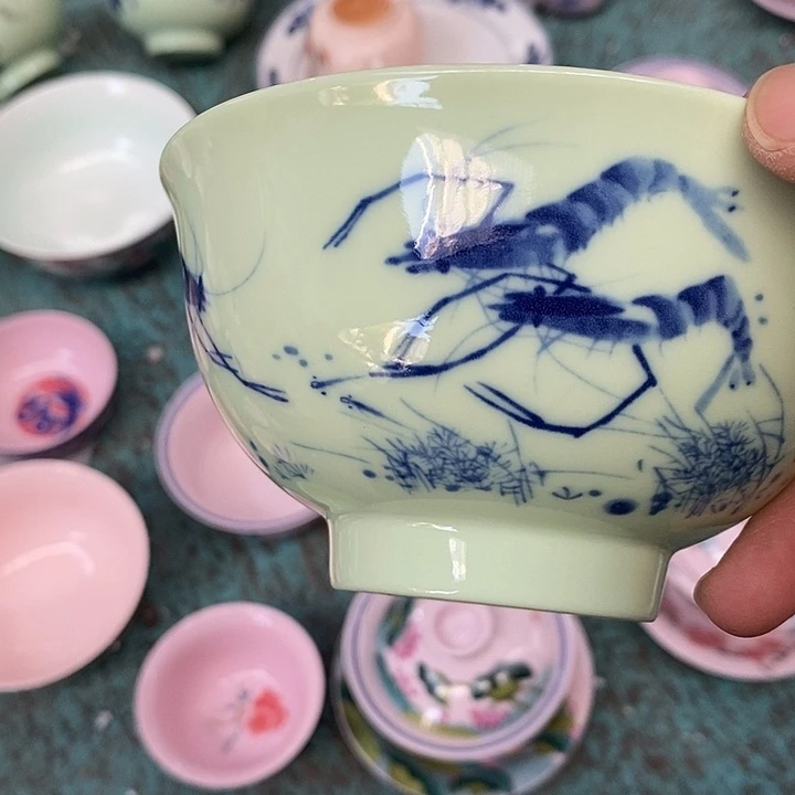 摆件陶绿稀土虾趣图五寸碗