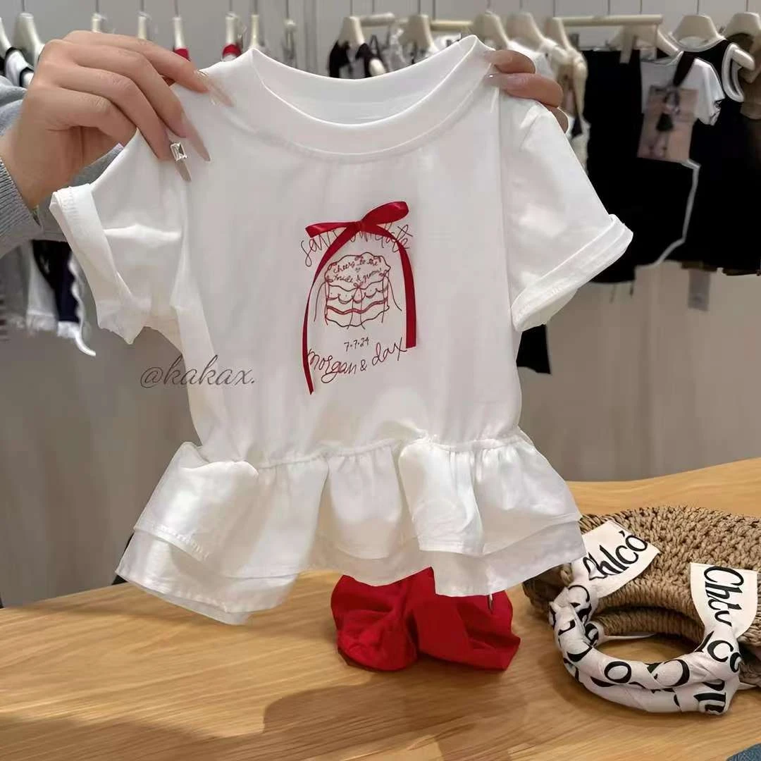 现货清货童装女童夏款蝴蝶结蛋糕T恤韩版百搭甜美可爱棉短袖
