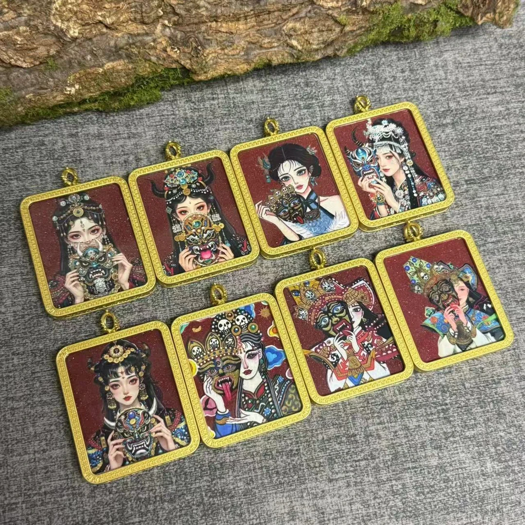 朱砂粉彩绘款前世今生挂件喷绘朱砂扎基唐卡吊坠