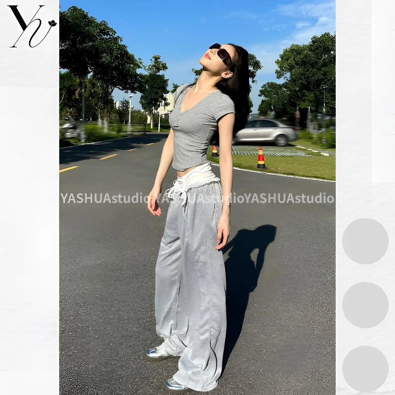 【新品】YSstudio甜酷蕾丝腰头拼接抽绳卫裤简约撞色个性宽松裤