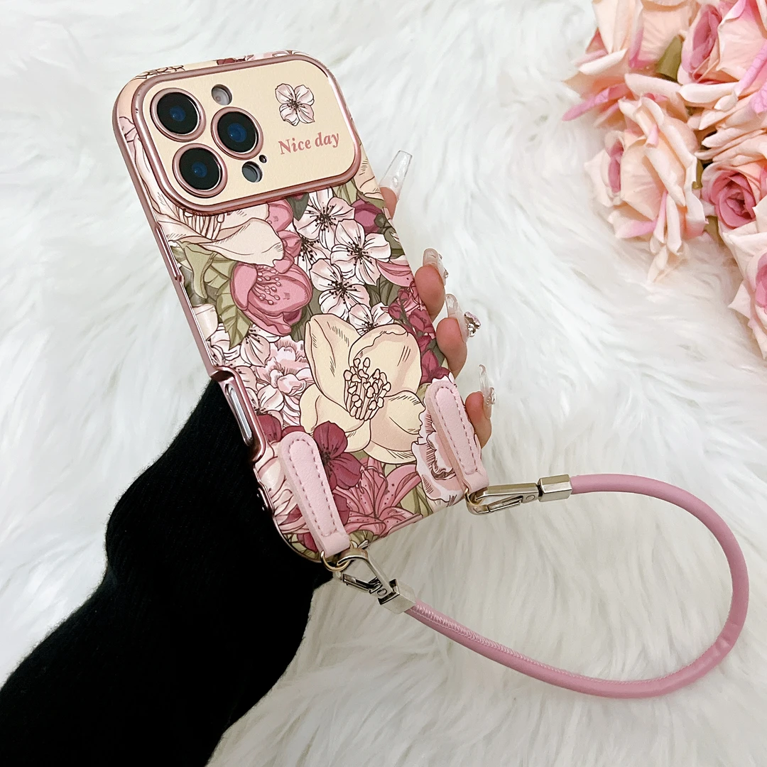 皮质油画花瓣大视窗适用于苹果16promax全包手机壳防摔皮质设计