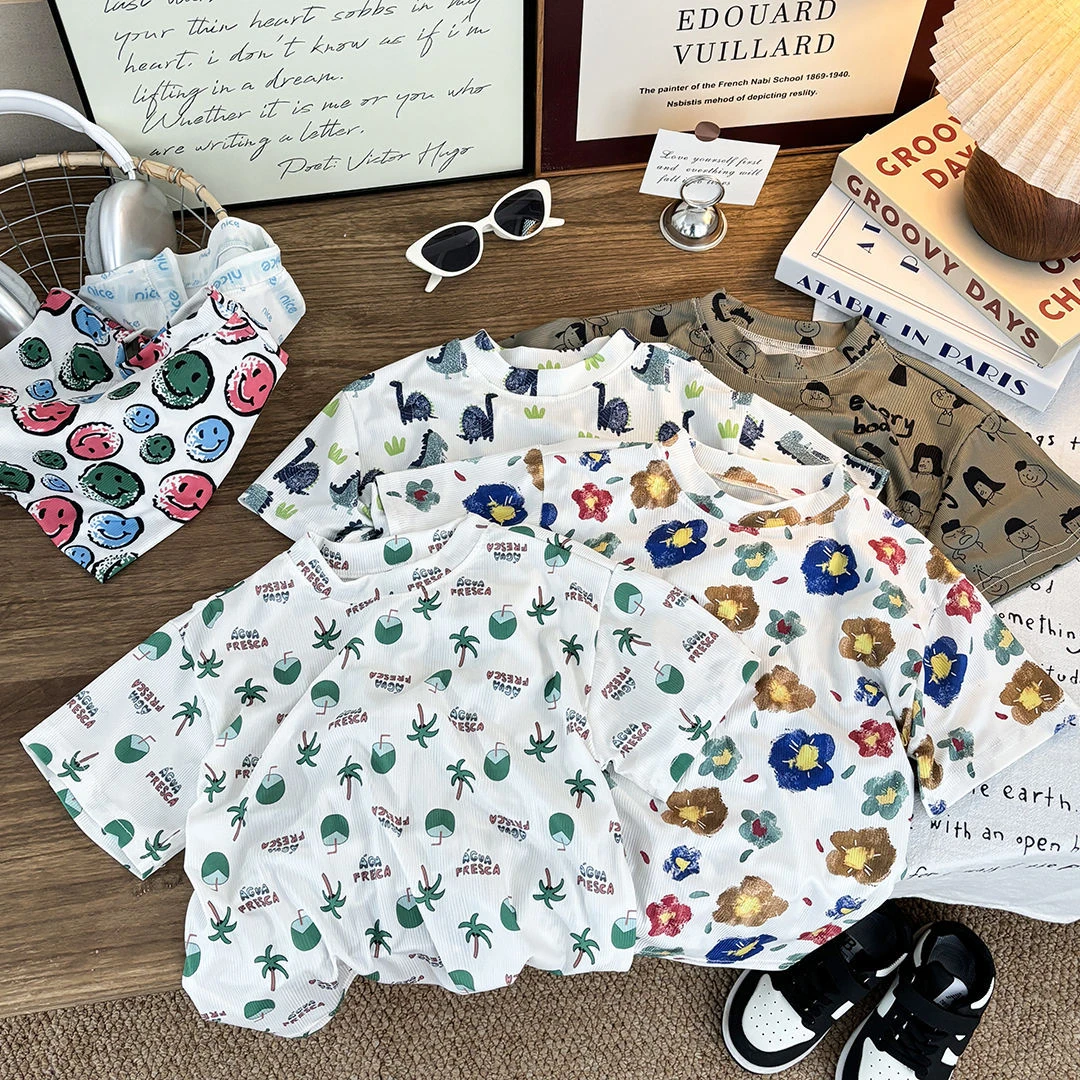 儿童短袖T恤男女宝宝夏季冰丝多巴胺洋气潮流满印休闲夏款单上衣