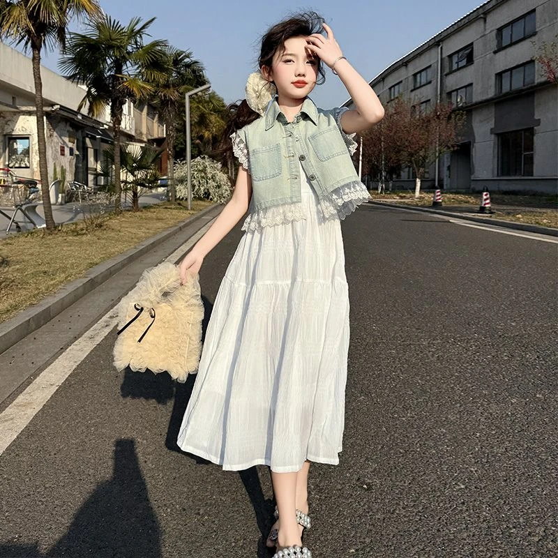 女童连衣裙套装夏季2025新款儿童洋气裙子中大童网红马甲两件套潮