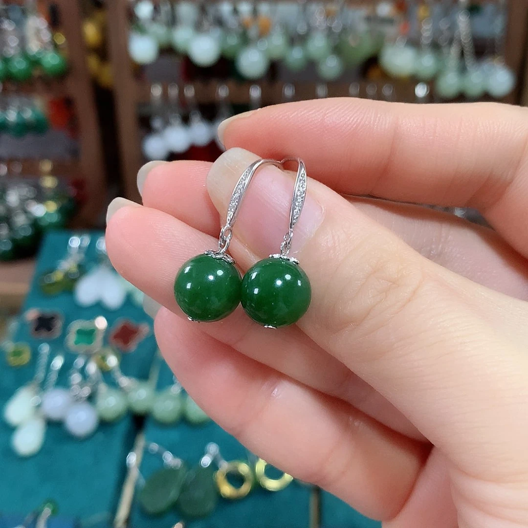 和田玉耳饰银S925镶嵌10mm左右