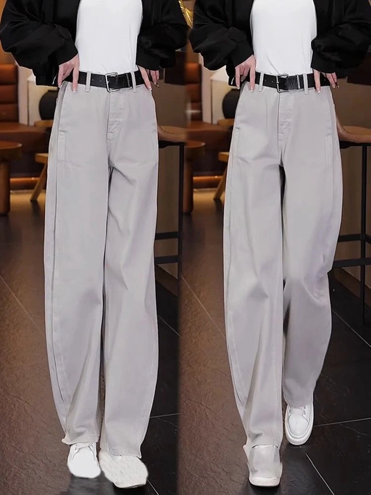 莫兰迪灰牛仔裤女2025秋季新款高腰宽松显瘦休闲窄版阔腿裤弯刀裤