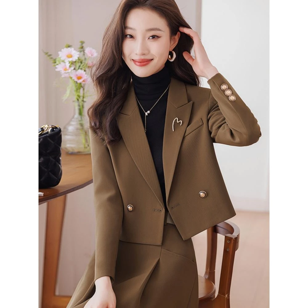 咖色西装外套女秋冬季新款小个子休闲短款套装今年流行小西服套裙