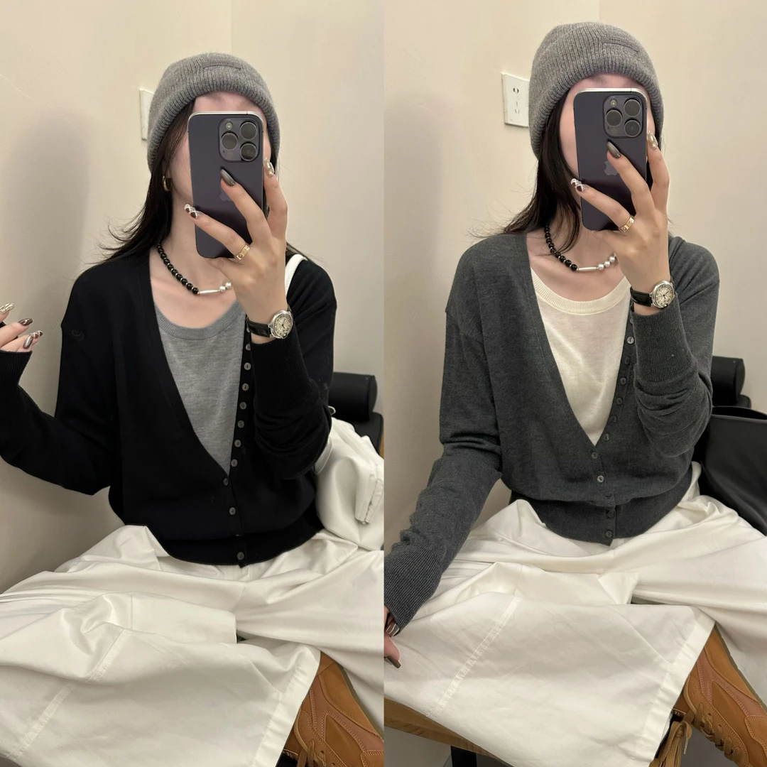 /371/秋季新款休闲百搭V领宽松显瘦假两件柔软羊毛针织衫女