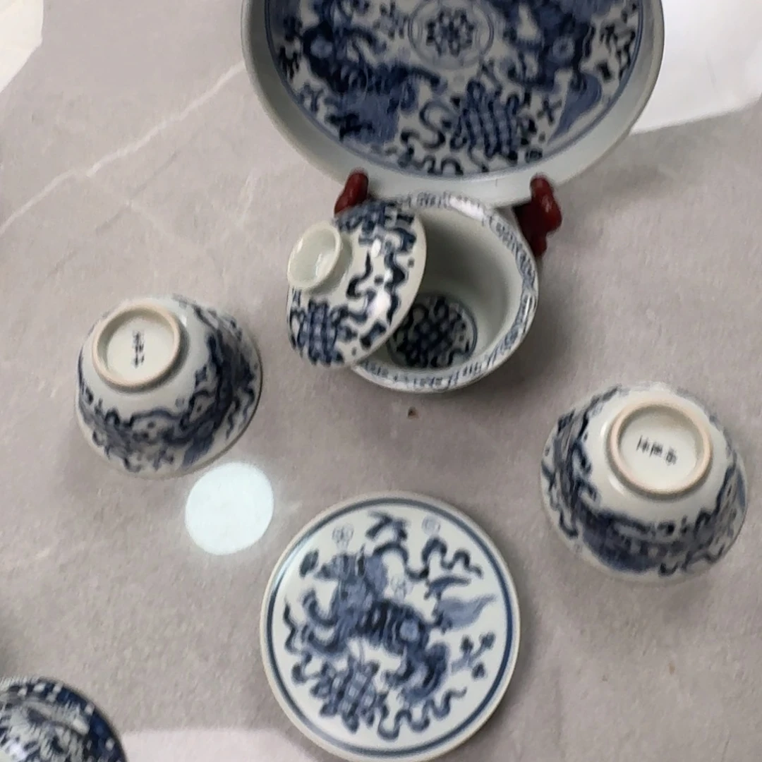 摆件青花狮子五件套