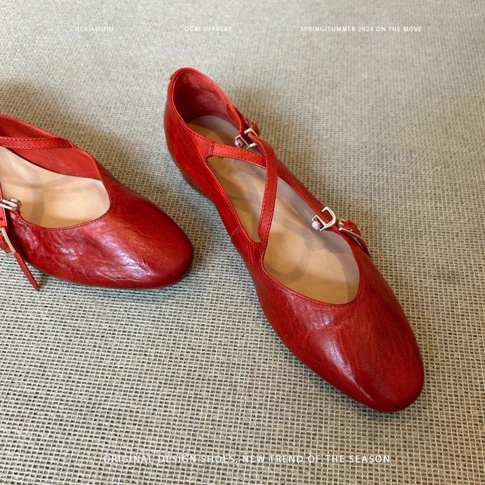 水洗牛皮时尚芭蕾鞋复古超火交叉带玛丽珍鞋女圆头浅口平底单鞋女